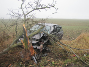 Při nehodě havarovala tři auta, jedno narazilo do stromu