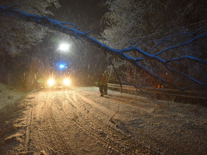 Těžký sníh v noci lámal a vyvracel desítky stromů, hasiči v Karlovarském kraji se ještě nezastavili