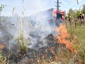 V obrovském vedru likvidovali hasiči požár suché trávy na ploše 10 000 metrů čtverečních