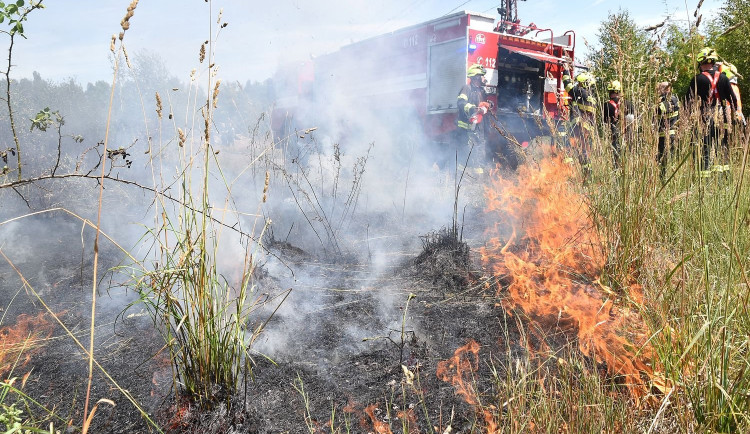 V obrovském vedru likvidovali hasiči požár suché trávy na ploše 10 000 metrů čtverečních