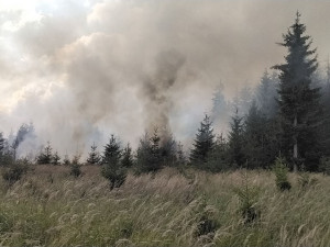Hasiči bojovali až do večera s požárem lesa, ze vzduchu jim pomáhal Černý jestřáb shazováním vody