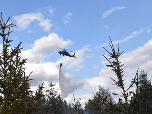 Hasiči bojovali až do večera s požárem lesa, ze vzduchu jim pomáhal Černý jestřáb shazováním vody