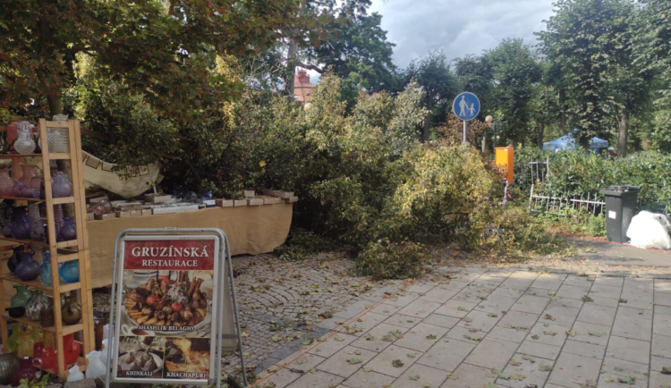 Na hlavní třídě ve Varech spadl mezi stánky strom a zranil ženu a muže.