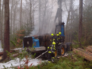 FOTO: Hasiče zaměstnával požár stroje na těžbu dřeva, škoda má být deset milionů