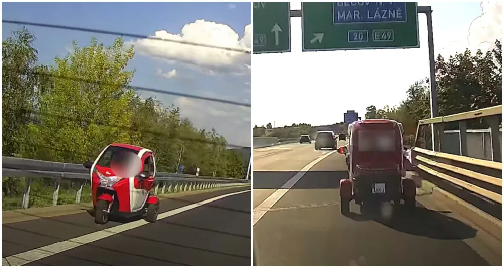 VIDEO: Muž v elektrické tříkolce si to frčel po rychlostní silnici, neměl registrační značky ani řidičák
