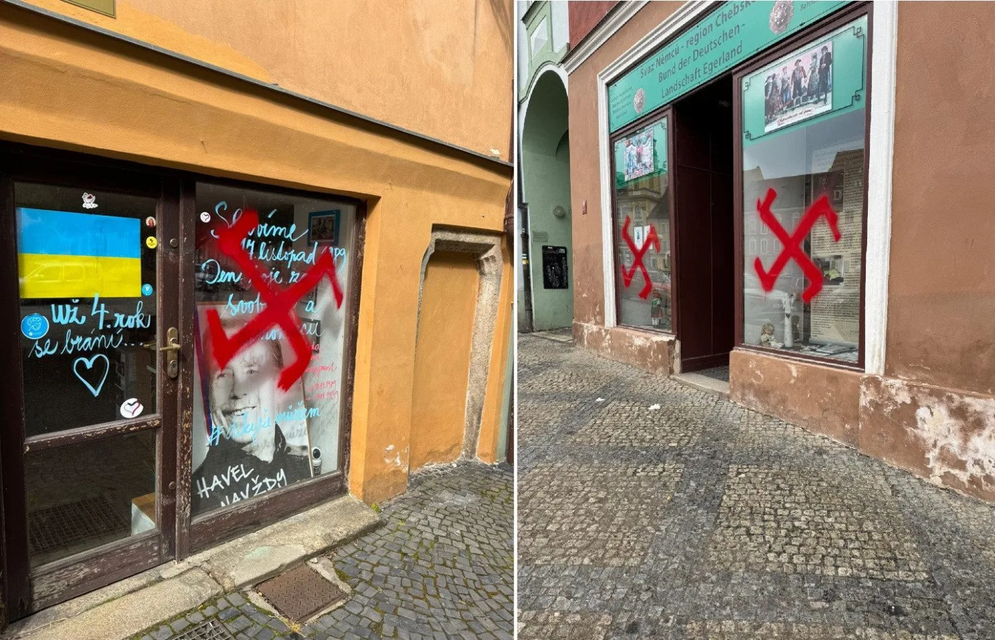 V Chebu na krajanský spolek někdo nastříkal hákové kříže, město to odsuzuje. Foto: Město Cheb