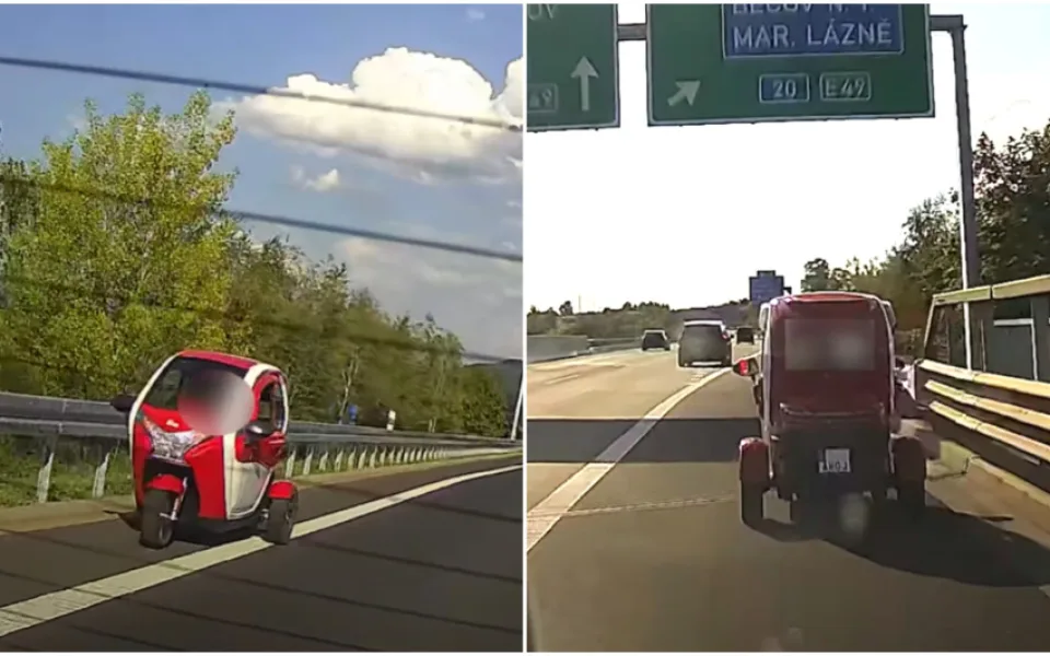 VIDEO: Muž v elektrické tříkolce si to frčel po rychlostní silnici, neměl registrační značky ani řidičák